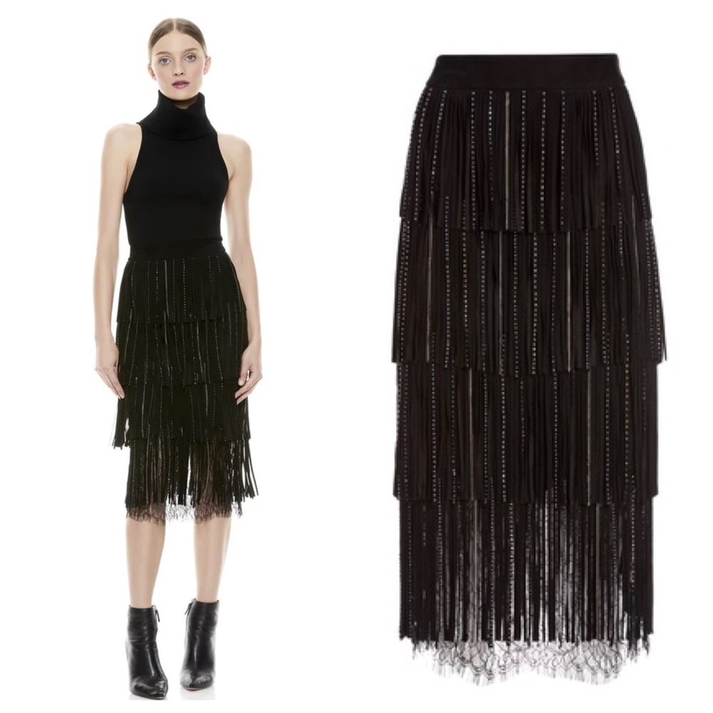 ALICE + OLIVIA Misha Suede Fringe Midi Skirt - Picture 3 of 13